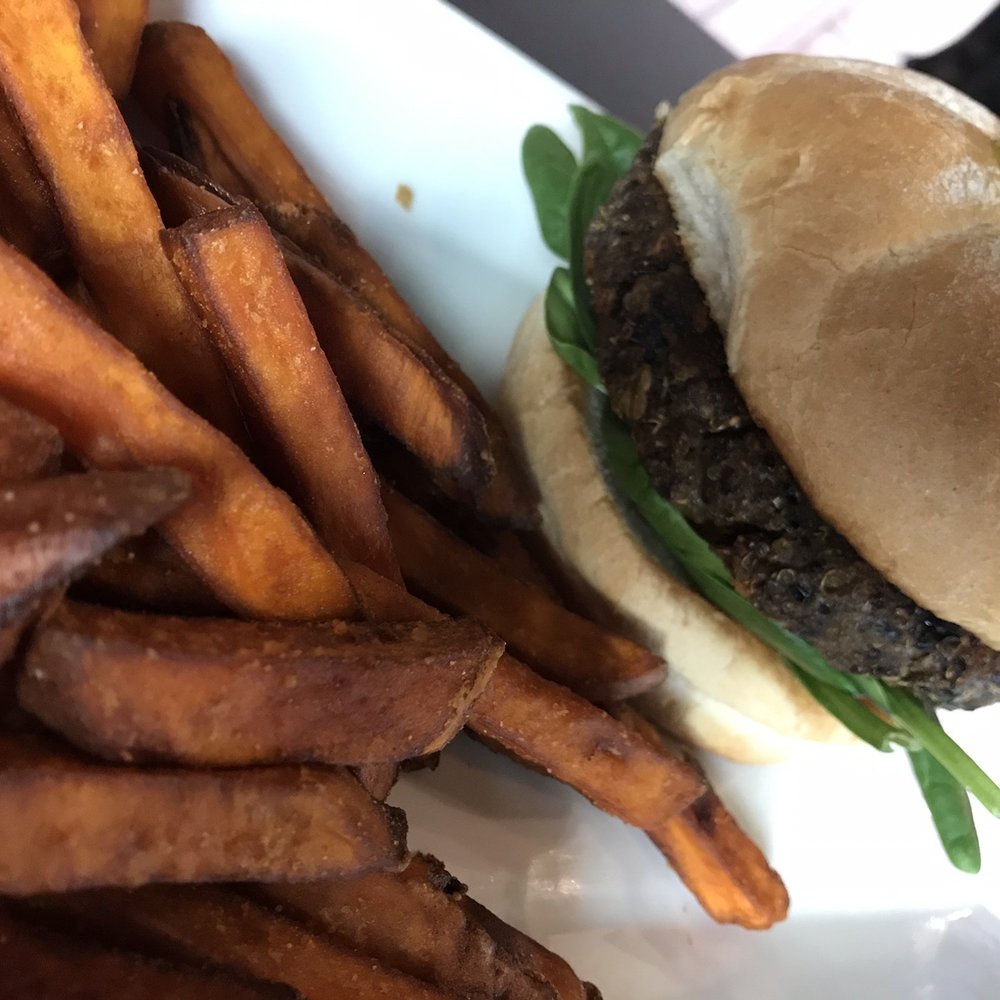Vegan burger with sweet potato fries Vegan burger with sweet potato fries