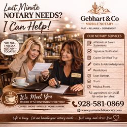 Gebhart & Co Mobile Notary Services - Last minute requests are our jam! Call/text today