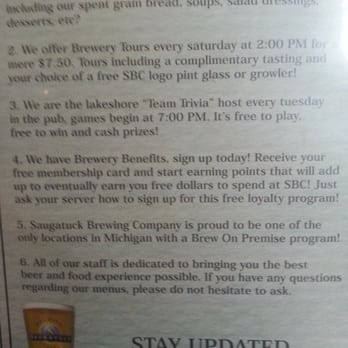 Saugatuck Brewing Co - Back of the menu - Brewpubs Near Me - Douglas, Michigan Saugatuck Brewing Co - Back of the menu - Brewpubs Near Me - Douglas, Michigan