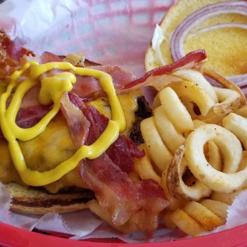 Foxy's Cafe - (Instagram: Latinabroad)  Bacon cheeseburger with curly fries - Pizza Near Me - Treasure Island, Florida