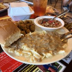 Beef stroganoff, fried okra, black eyed peas