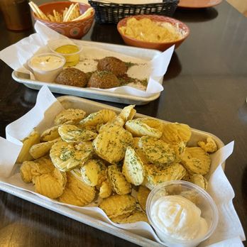 Mosaic Grill - Our Starters! Fried pickles, Falafels, and Hummus with Pita Chips. - Mediterranean Near Me - Belton, Texas Mosaic Grill - Our Starters! Fried pickles, Falafels, and Hummus with Pita Chips. - Mediterranean Near Me - Belton, Texas