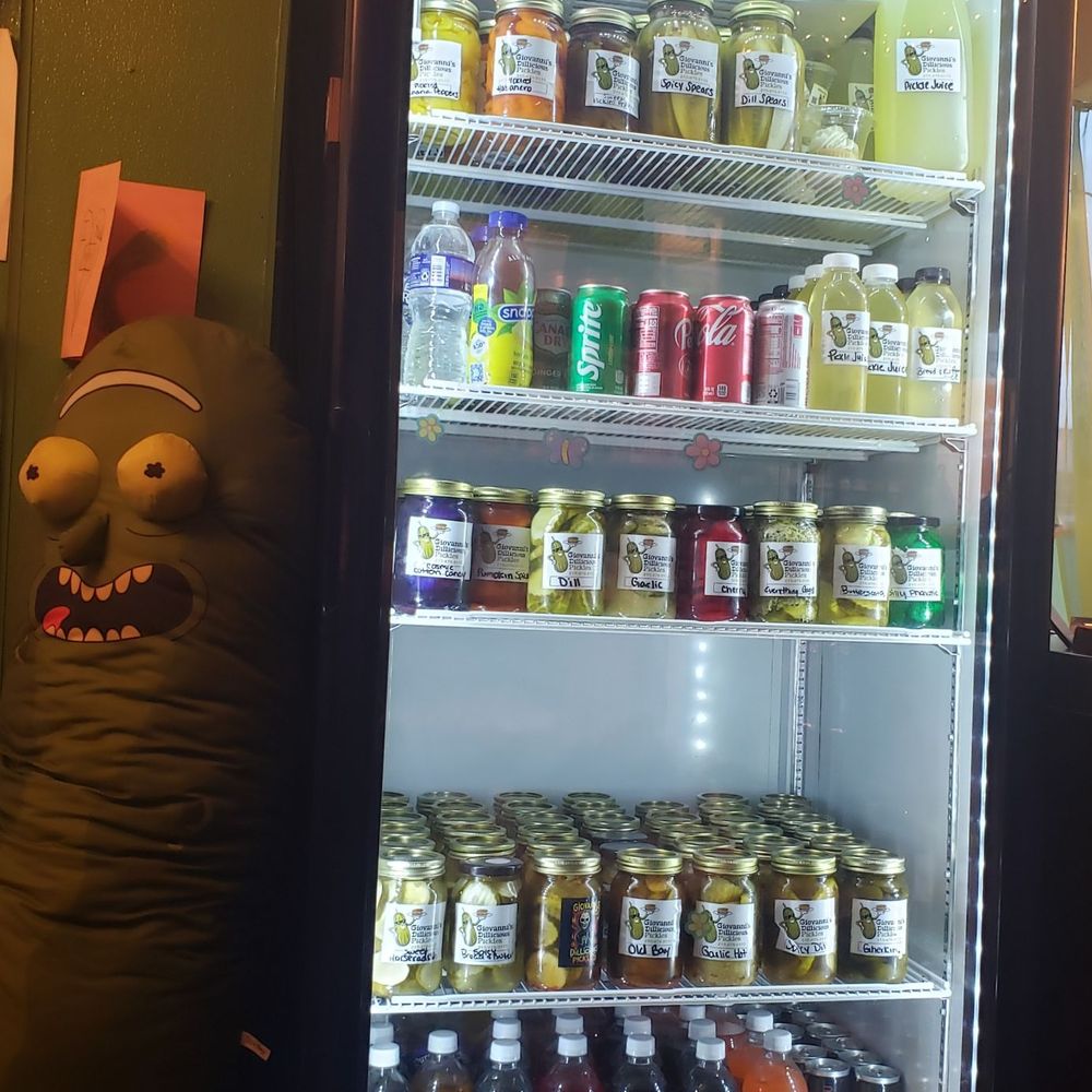Giovanni's DILLicious Pickles - Fridge with all the yummy pickles you can buy to take home. Had to grab the cotton candy ones!! - Delis Near Me - Croydon, Pennsylvania