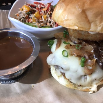 Cin Cin Burger BAR - Juice Joint Dipper with Asian noodle salad in the background.  Less like au jus and more like gravy but so yummy! - Burgers Near Me - Winston-Salem, North Carolina