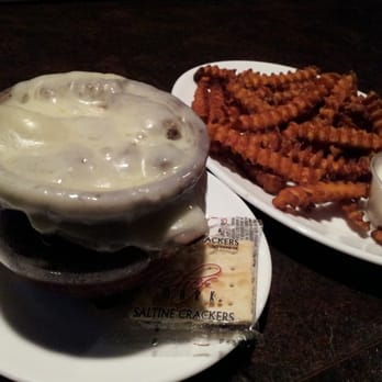 Friar Tuck's - Crock of French Onion Soup, awesome; sweet potato fries, nothing to write home about. - New American Near Me - Oshkosh, Wisconsin