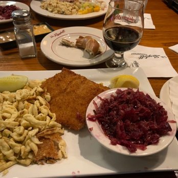 The Berghoff Restaurant - Top photo:  Jäger Schnitzel.  Bottom photo: Wiener Schnitzel, spaezle and red cabbage.  Total yum. - Bars Near Me - Chicago, Illinois