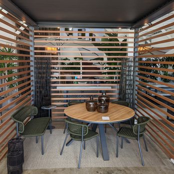 Terra Outdoor Living - Mariposa seating in olive around the Portola dining table under a TUUCI cabana. - Furniture Stores Near Me - Berkeley, California Terra Outdoor Living - Mariposa seating in olive around the Portola dining table under a TUUCI cabana. - Furniture Stores Near Me - Berkeley, California