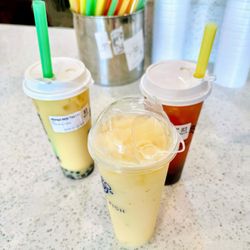 Bubble Fish - Mango milk tea, passionfruit smoothie, and strawberry green tea