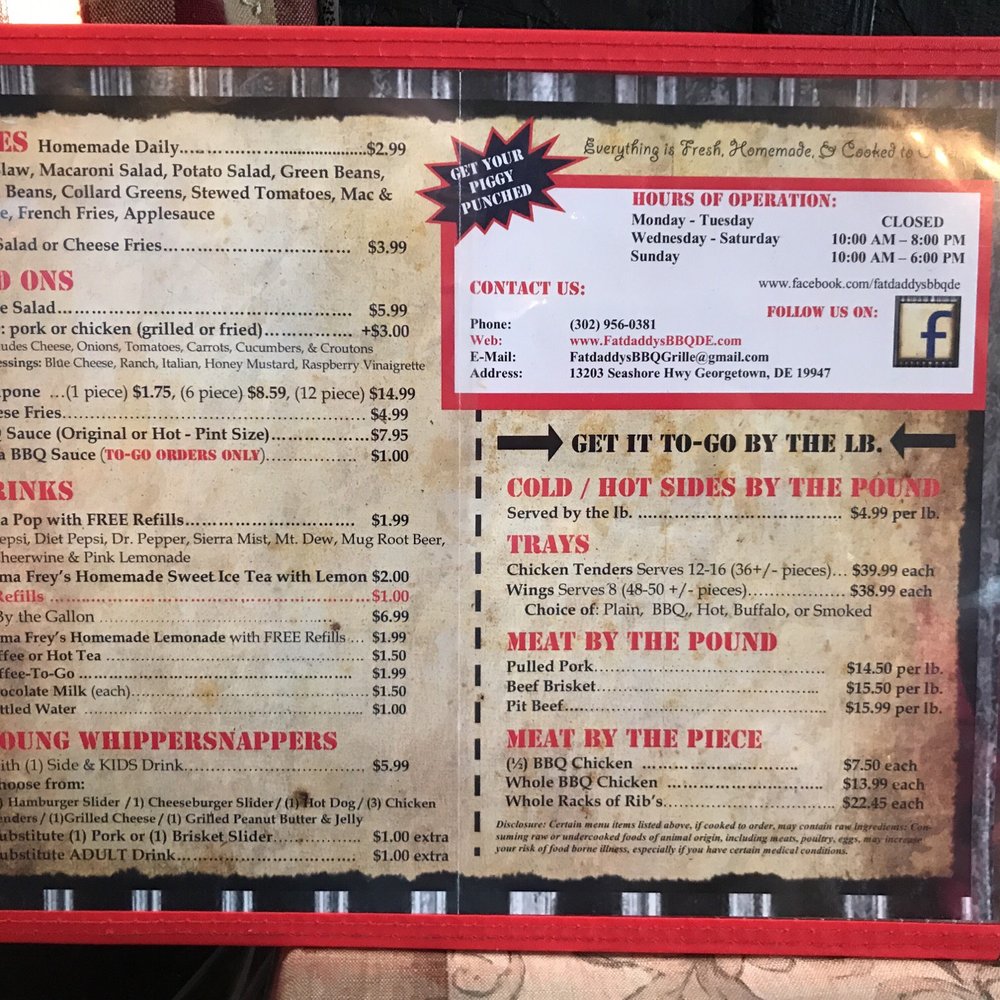 Fat Daddy's BBQ - Menu back 08-2018 - Barbeque Near Me - Georgetown, Delaware
