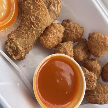 Fran's Chicken Haven - Fried Chicken Leg with Corn Nuggets and Buffalo Sauce - American Near Me - Boca Raton, Florida Fran's Chicken Haven - Fried Chicken Leg with Corn Nuggets and Buffalo Sauce - American Near Me - Boca Raton, Florida