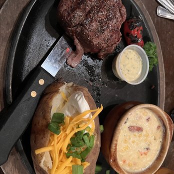 H3 Ranch - Filet mignon with creamed corn and baked potato - Steakhouses Near Me - Fort Worth, Texas