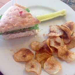 This is just 1/2 of my chicken salad on fresh, homemade basil focaccia bread with fresh thick cut chips!