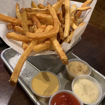 Press 195 - Bayside - Belgian fries with chipotle mayo, roasted garlic, sriracha pineapple sauce, and ketchup - Sandwiches Near Me - Bayside, New York Press 195 - Bayside - Belgian fries with chipotle mayo, roasted garlic, sriracha pineapple sauce, and ketchup - Sandwiches Near Me - Bayside, New York