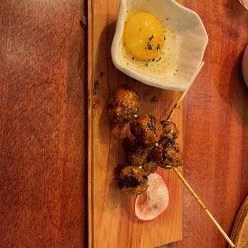Chome - Tsukune (chicken meatball) skewers with egg yolk - Izakaya Near Me - San Francisco, California