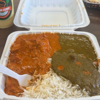 Flamin Curry 2 - Chicken Tikka masala (left) and palak paneer (right) with rice and Garlic Naan and mango lassi on the side. - Indian Near Me - Long Beach, California Flamin Curry 2 - Chicken Tikka masala (left) and palak paneer (right) with rice and Garlic Naan and mango lassi on the side. - Indian Near Me - Long Beach, California