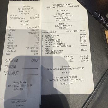 IZAKAYA OSEN - Gratuity on the left is higher than the gratuity on the right. For a voluntary tip is generally not subject to sales tax. - Sushi Bars Near Me - Irvine, California IZAKAYA OSEN - Gratuity on the left is higher than the gratuity on the right. For a voluntary tip is generally not subject to sales tax. - Sushi Bars Near Me - Irvine, California