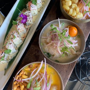 CVI.CHE 105 - Ceviche Trilogy Sliced Fish Tiradito / Sampler Triloga de Tiraditos (& Acevichado 105 Roll) - Peruvian Near Me - Miami, Florida CVI.CHE 105 - Ceviche Trilogy Sliced Fish Tiradito / Sampler Triloga de Tiraditos (& Acevichado 105 Roll) - Peruvian Near Me - Miami, Florida
