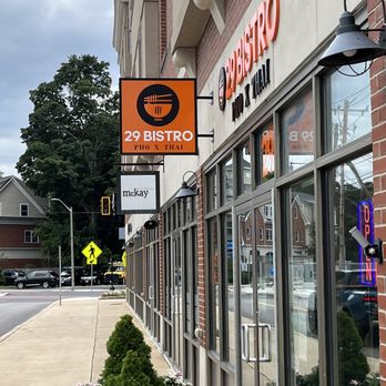 29 Bistro Pho X Thai - Outside across from fire station... flashing red lights from fire engines think eating at a crash scene - Vietnamese Near Me - Dedham, Massachusetts