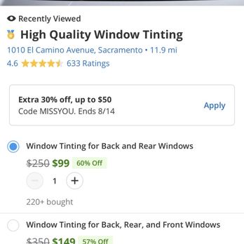 High Quality Window Tinting - Groupon deal - Car Window Tinting Near Me - Sacramento, California