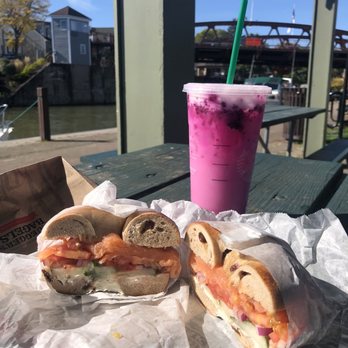 Bruegger's Bagels - Salmon Bagel Sandwich, sub capers with cucumbers - Bagels Near Me - Fairport, New York