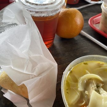 Souper Jenny Westside - Old Fashioned Chicken Noodle, sweet tea and fresh orange - Soup Near Me - Atlanta, Georgia