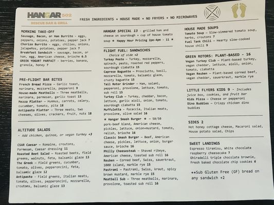 Menu photo 3 Hangar 502 Boulder City, NV