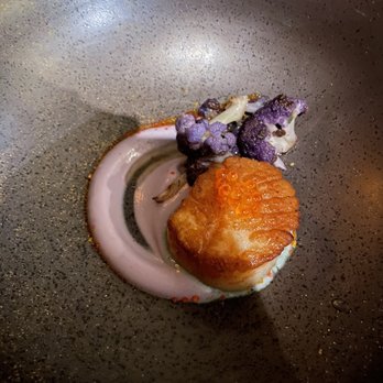 Roux 30a - 2nd course: Scallop with smoked trout roe on a purple cauliflower purée. - Personal Chefs Near Me - Santa Rosa Beach, Florida Roux 30a - 2nd course: Scallop with smoked trout roe on a purple cauliflower purée. - Personal Chefs Near Me - Santa Rosa Beach, Florida