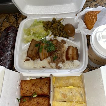 Yi Mei - Pork Belly Rice ($11.95) Daikon Cake ($5.25) Egg Omelette ($6) Sesame Salty Bread ($2) Small Soy Milk - Hot ($2.95) - Taiwanese Near Me - San Gabriel, California