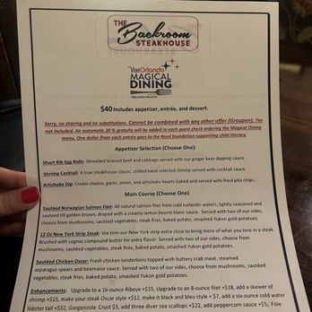 Back Room Steakhouse - Magical Dinning Menu - Steakhouses Near Me - Apopka, Florida