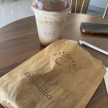 S3 Coffee Bar - Iced Winter Tiramisu latte + choc banana bread loaf inside bag - Coffee & Tea Near Me - Escondido, California