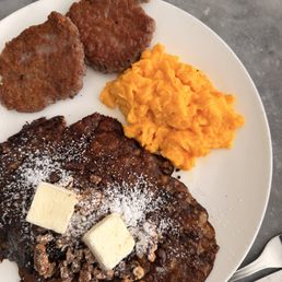2x2x2 (chocolate chip and banana pancakes, pork sausage, scrambled eggs) 2x2x2 (chocolate chip and banana pancakes, pork sausage, scrambled eggs)