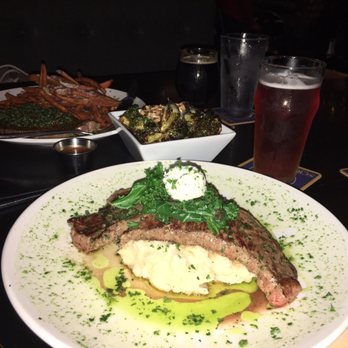 Morrison - Front: Friday special- medium rare steak with herbed cheese and mash potato. And back- prime rib eye with chimichurri - Gastropubs Near Me - Los Angeles, California