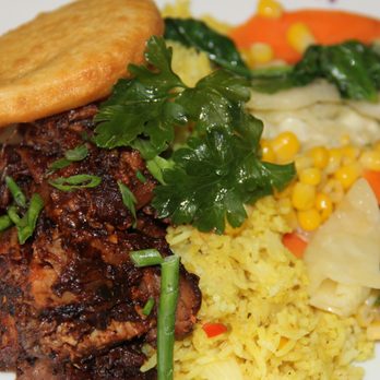 Jamaican Kitchen - Jerk Pork with Seasoned Rice, Caribbean Style Veggies and Johnny Cake - Caribbean Near Me - Kamloops, British Columbia
