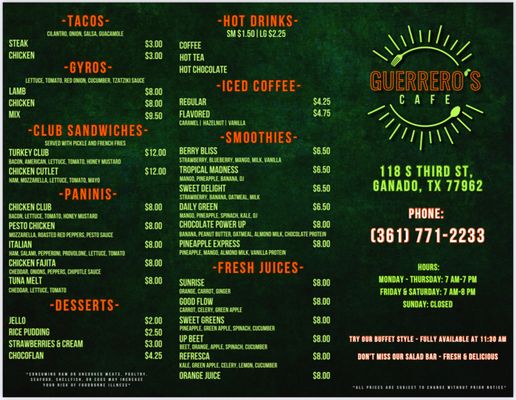 Menu photo 2 Guerrero's Cafe Ganado, TX Menu photo 2 Guerrero's Cafe Ganado, TX