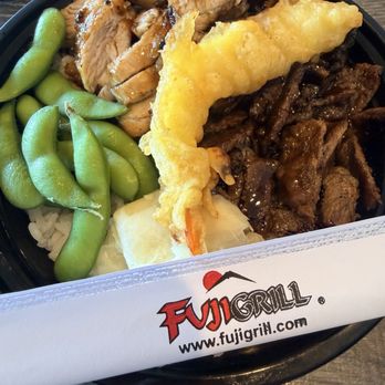 Fuji Grill - Super Bowl: teriyaki chicken, tokyo steak & shrimp tempura and edamame.  @ojbaylen - Japanese Near Me - Lakewood, California