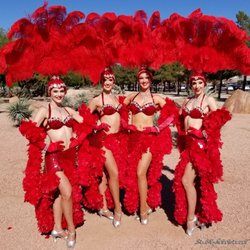Sin City Entertainment - Showgirls in red bikini style tops for modeling shoot.