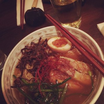 DOMU - Ramen with duck fat broth and egg. Apple pie cider in the background. Delicious. - Ramen Near Me - Orlando, Florida DOMU - Ramen with duck fat broth and egg. Apple pie cider in the background. Delicious. - Ramen Near Me - Orlando, Florida