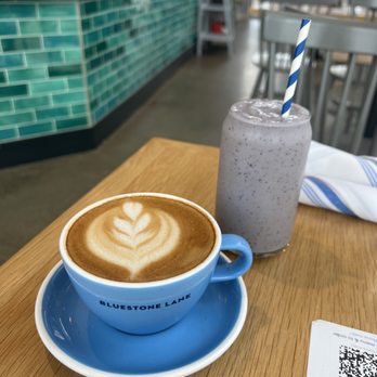 Bluestone Lane Tysons Boro Café - Protein PB & Blueberry Smoothie, Flat White - Coffee & Tea Near Me - Mclean, Virginia Bluestone Lane Tysons Boro Café - Protein PB & Blueberry Smoothie, Flat White - Coffee & Tea Near Me - Mclean, Virginia