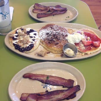 Snooze, an A.M. Eatery - Pancake trio and bacon. (Blueberry Danish, sweet potato, and strawberry shortcake) - Breakfast & Brunch Near Me - Centennial, Colorado