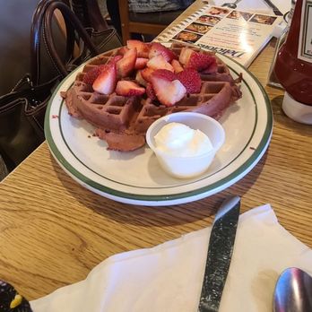 Penfold's Café - Red Velvet Belgium waffle with strawberries - Breakfast & Brunch Near Me - Temecula, California