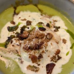 Jackpot - Creme de petits pois/moutarde etc ouef parfait etc creme au herbes