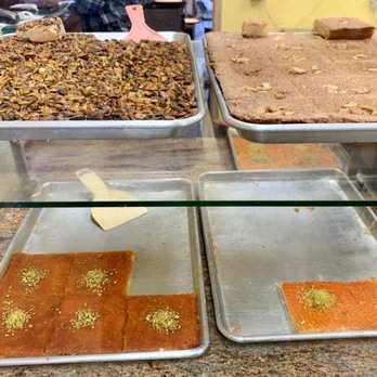Knafeh Cafe - Clockwise from top left: basbouseh, hareeseh, and knafeh - Middle Eastern Near Me - Anaheim, California