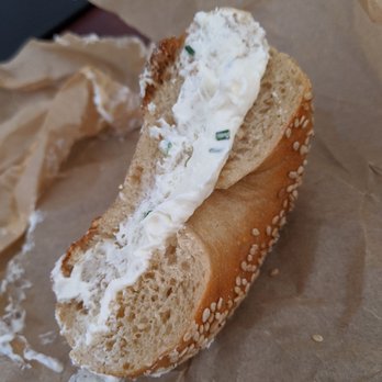 Boichik Bagels - Sesame bagel with cream cheese.  Mushy and flat. Lousy. - Bagels Near Me - Berkeley, California