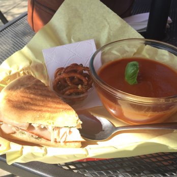 Rail Side Cafe - The half sandwich combo, turkey panini and awesome Organic Creamy Tomato Basil Soup - Coffee & Tea Near Me - San Dimas, California Rail Side Cafe - The half sandwich combo, turkey panini and awesome Organic Creamy Tomato Basil Soup - Coffee & Tea Near Me - San Dimas, California