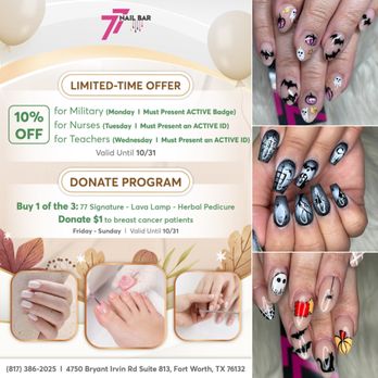 77 Nail Bar - 1. LIMITED-TIME OFFER
10% OFF for Military, Nurses, and Teachers
**Please Present Your ACTIVE Badge/ ID
Valid until 10/31 - Waxing Near Me - Forth Worth, Texas 77 Nail Bar - 1. LIMITED-TIME OFFER
10% OFF for Military, Nurses, and Teachers
**Please Present Your ACTIVE Badge/ ID
Valid until 10/31 - Waxing Near Me - Forth Worth, Texas