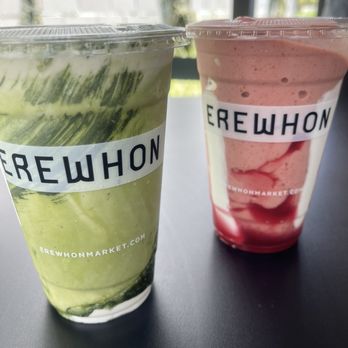 Erewhon - Vanilla Matcha smoothie (swapped the oat milk for hemp) and Hailey Bieber strawberry glaze skin smoothie - Grocery Near Me - Pasadena, California Erewhon - Vanilla Matcha smoothie (swapped the oat milk for hemp) and Hailey Bieber strawberry glaze skin smoothie - Grocery Near Me - Pasadena, California