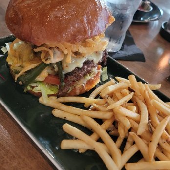 Reunion Kitchen + Drink - Jalapeño burger with fried onions - New American Near Me - Corona, California Reunion Kitchen + Drink - Jalapeño burger with fried onions - New American Near Me - Corona, California