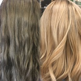 From faded silver to a rooty blonde. This was done in one session. Done by Bell. From faded silver to a rooty blonde. This was done in one session. Done by Bell.