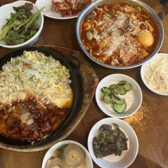 Five Senses - Seafood Cheese Ddukbokki & Corn Cheese Fried Rice with Spicy Fried Chicken & Banchan - Korean Near Me - New York, New York Five Senses - Seafood Cheese Ddukbokki & Corn Cheese Fried Rice with Spicy Fried Chicken & Banchan - Korean Near Me - New York, New York