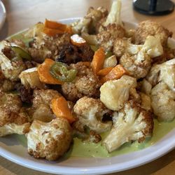 Rotisserie Cauliflower. Fried Escabeche. Green goddess & chili oil.